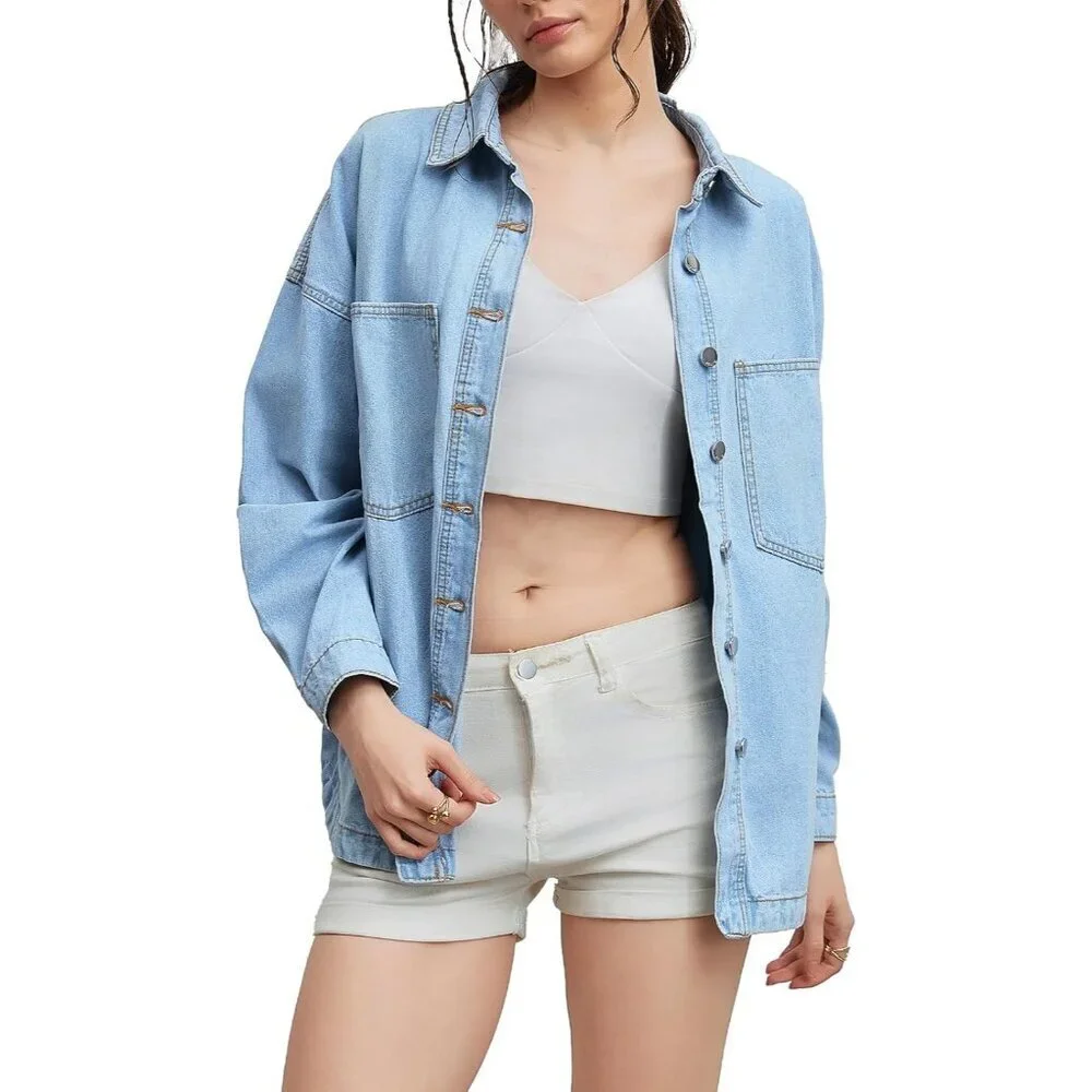 Women Denim Shacket Light Blue Oversized Button Long Sleeve Casual Jacket - Picture 2 of 7